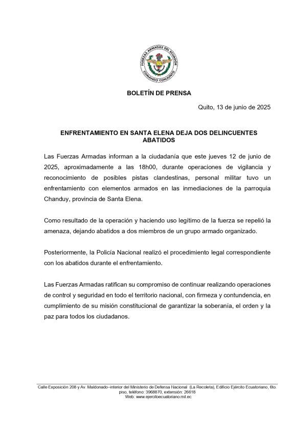 BOLETÍN DE PRENSA ENFRENTAMIENTO SANTA ELENA