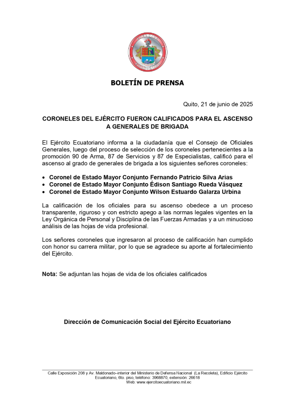 BOLETÍN DE PRENSA ASCENSO A GENERALES DE BRIGADA